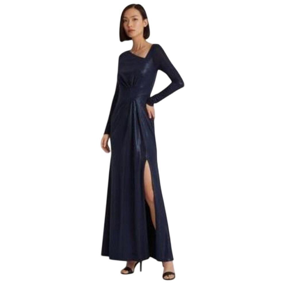 Lauren Ralph Lauren Navy Blue Metallic Long Sleeve Formal Dress